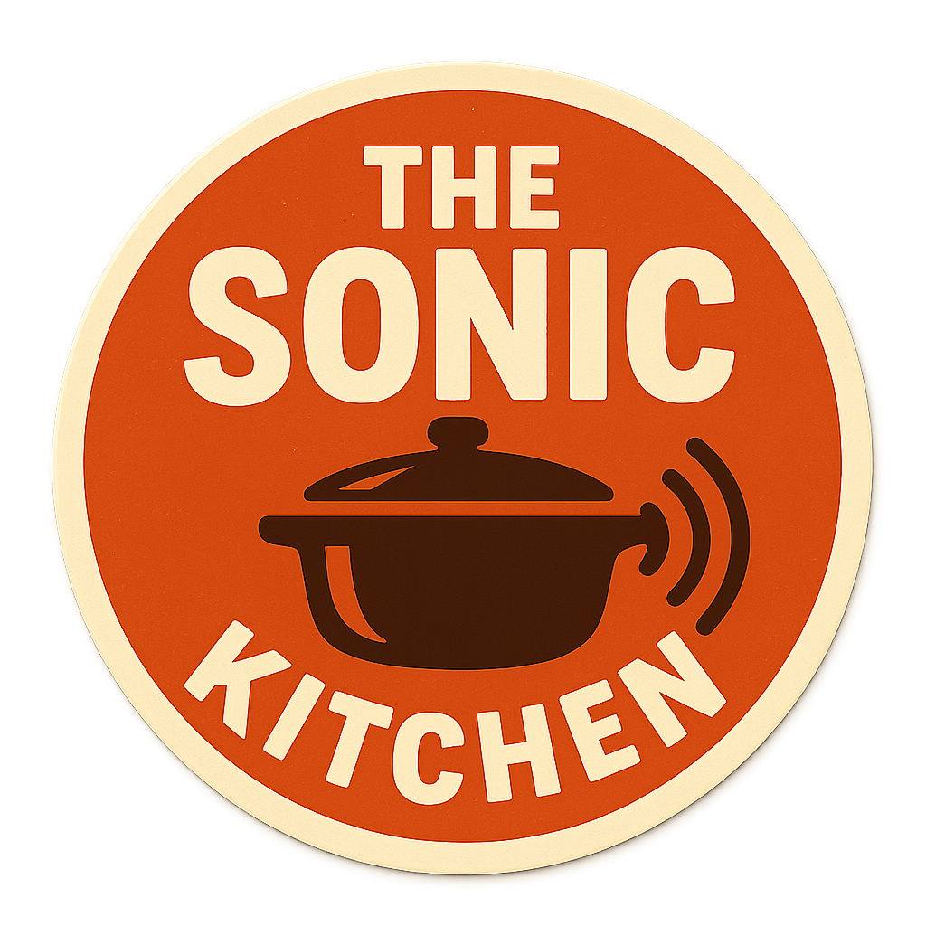 The Sonic Kitchen Logo: A vintage circular label featuring a cooking pot emitting sound waves